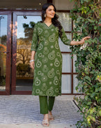 Skylee Cotton Bandhani Straight 3 Piece Kurta Set For Woman