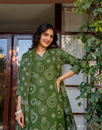 Skylee Cotton Bandhani Straight 3 Piece Kurta Set For Woman