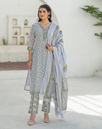Whisper Grey V-Neck Printed Straight 3 Piece Kurta Set with Dupatta