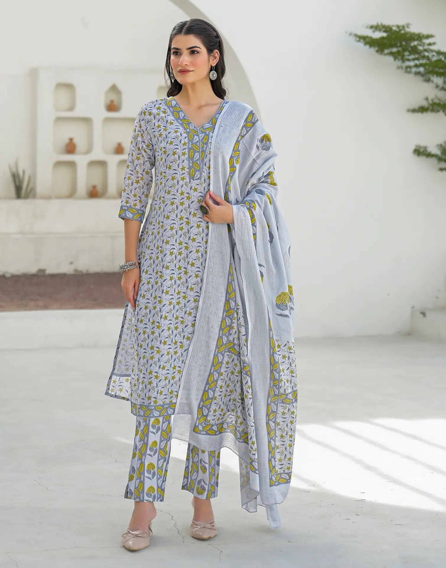 Whisper Grey V-Neck Printed Straight 3 Piece Kurta Set with Dupatta
