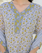 Whisper Grey V-Neck Printed Straight 3 Piece Kurta Set with Dupatta