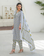 Whisper Grey V-Neck Printed Straight 3 Piece Kurta Set with Dupatta