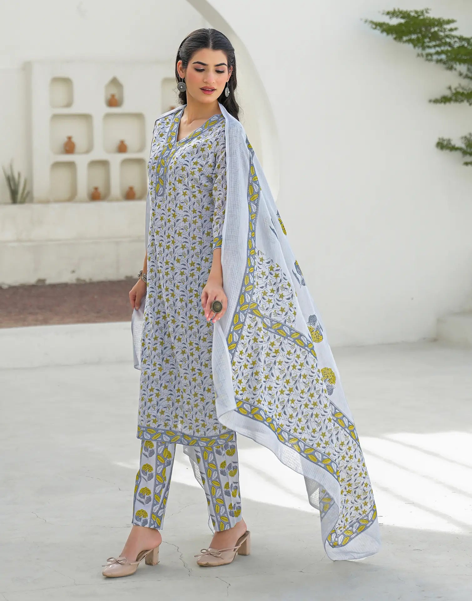 Whisper Grey V-Neck Printed Straight 3 Piece Kurta Set with Dupatta
