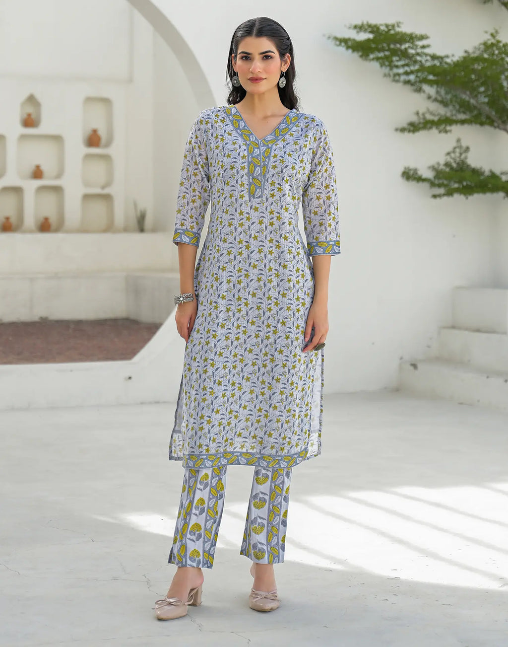 Whisper Grey V-Neck Printed Straight 3 Piece Kurta Set with Dupatta