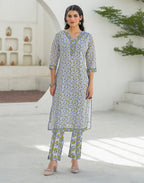 Whisper Grey V-Neck Printed Straight 3 Piece Kurta Set with Dupatta