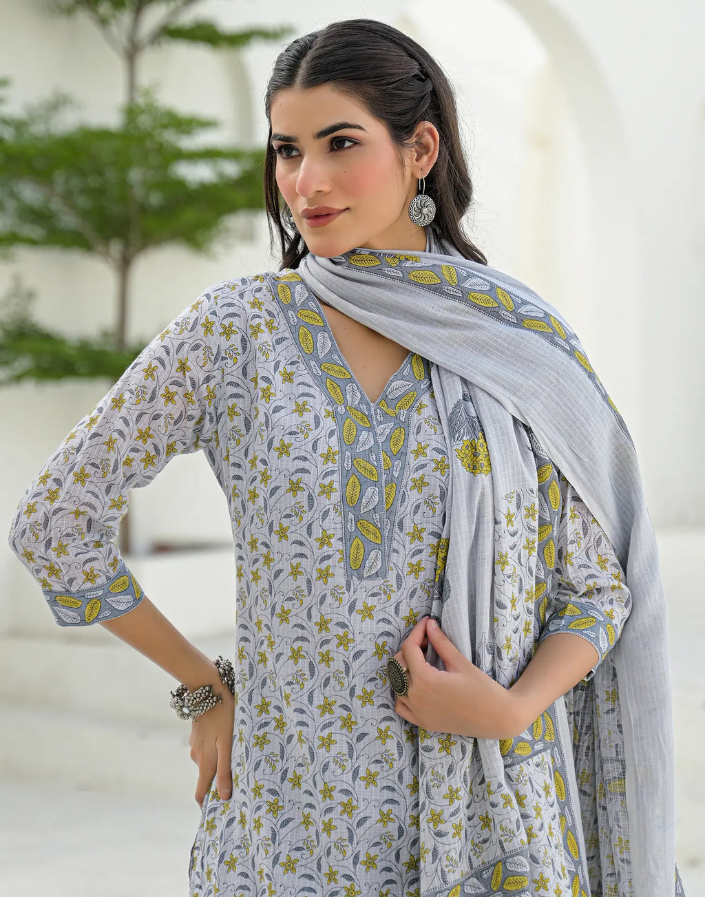 Whisper Grey V-Neck Printed Straight 3 Piece Kurta Set with Dupatta
