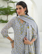 Whisper Grey V-Neck Printed Straight 3 Piece Kurta Set with Dupatta