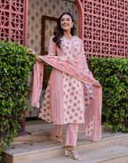 Skylee Cotton Printed Straight 3 Piece Kurta Set For Woman