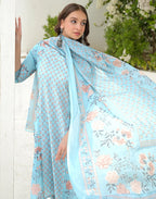 Baby Blue V-Neck Printed Straight 3 Piece Kurta Set with Dupatta