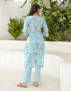 Baby Blue V-Neck Printed Straight 3 Piece Kurta Set with Dupatta