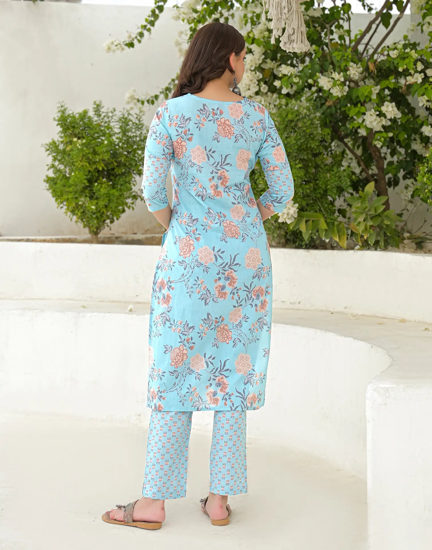 Baby Blue V-Neck Printed Straight 3 Piece Kurta Set with Dupatta