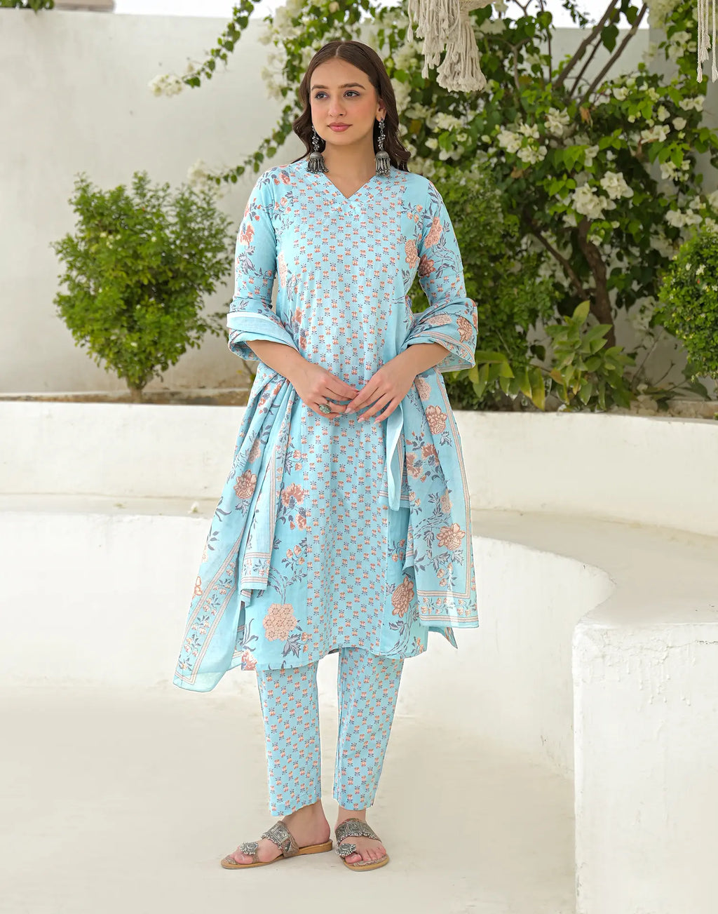 Baby Blue V-Neck Printed Straight 3 Piece Kurta Set with Dupatta
