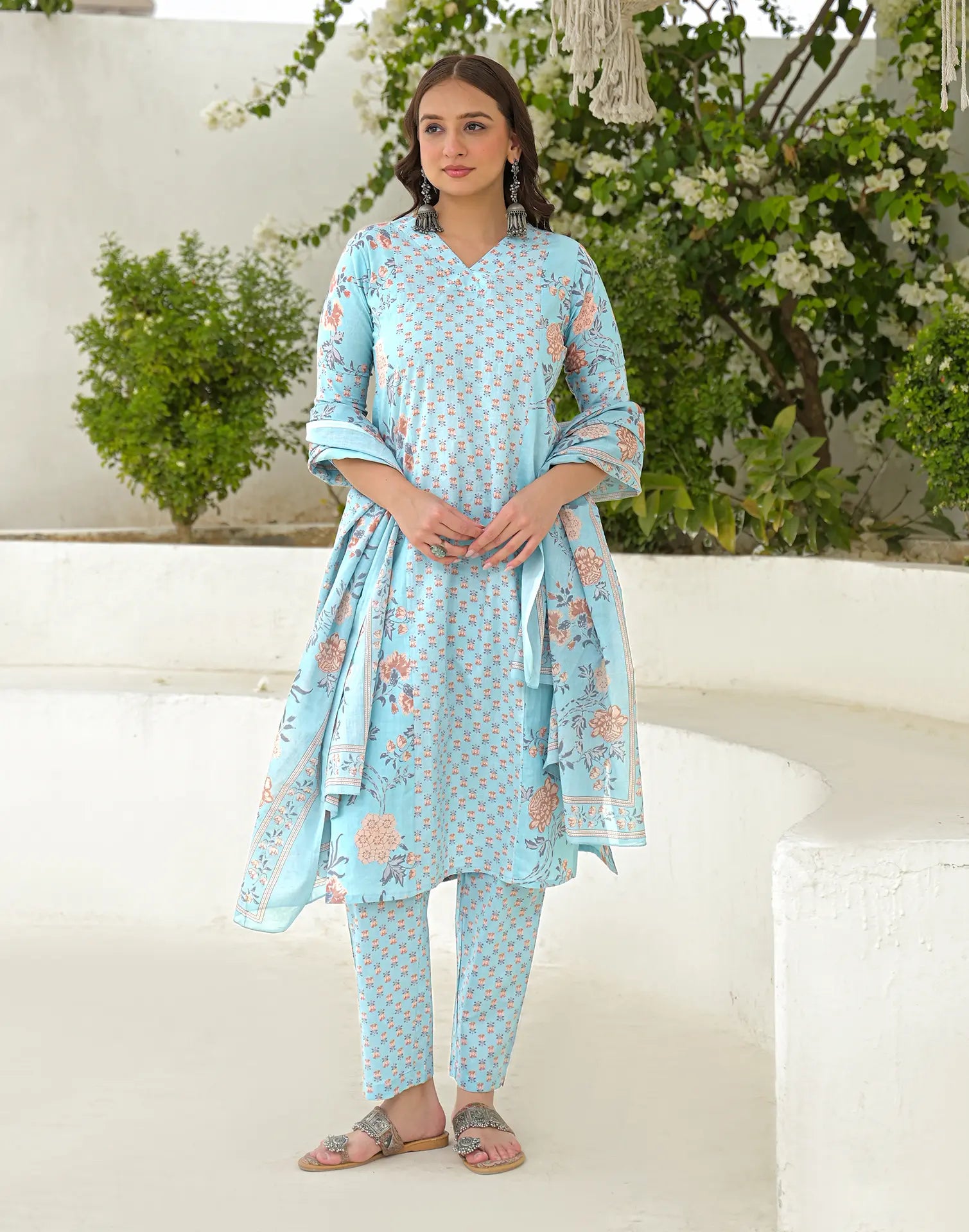 Baby Blue V-Neck Printed Straight 3 Piece Kurta Set with Dupatta