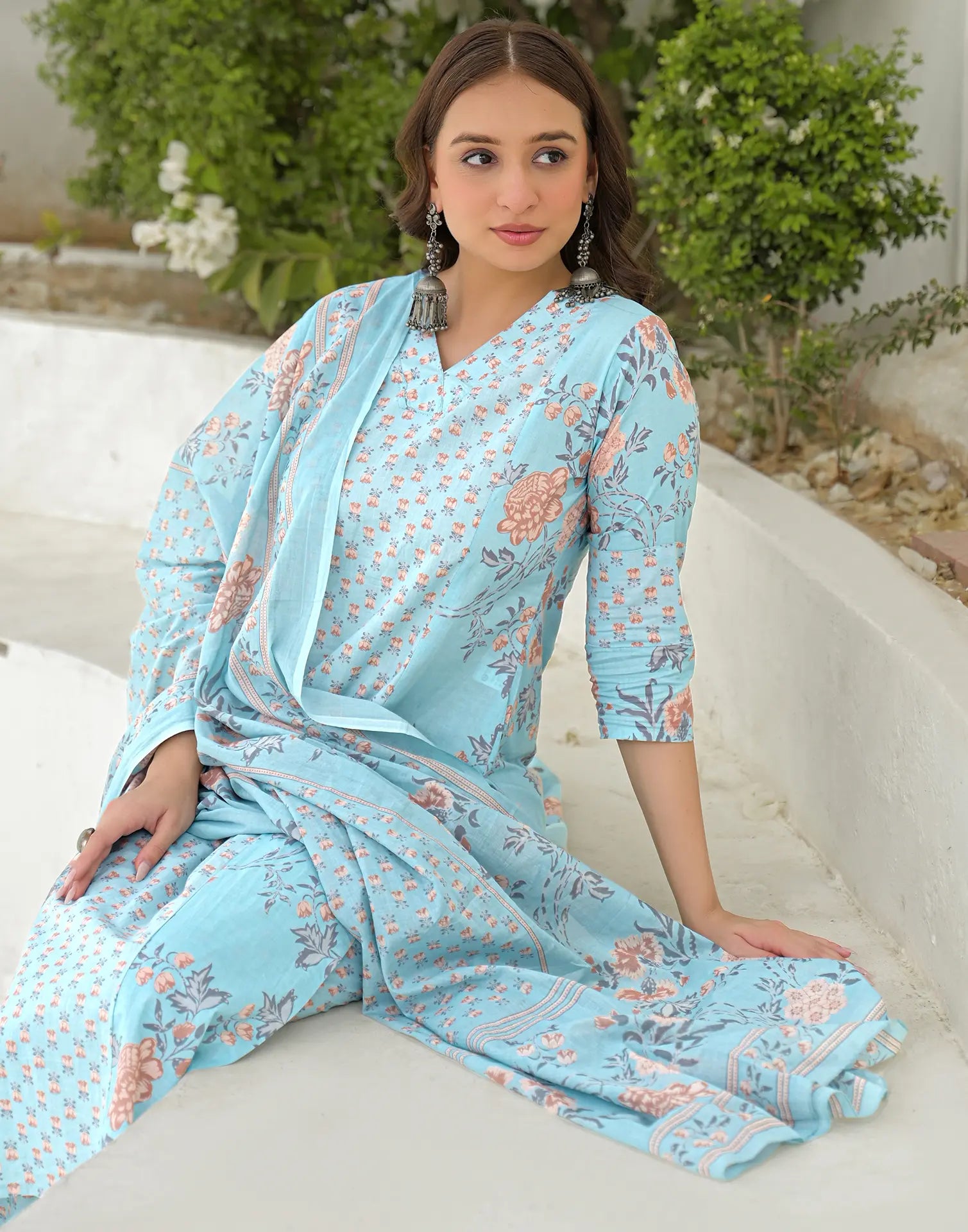 Baby Blue V-Neck Printed Straight 3 Piece Kurta Set with Dupatta