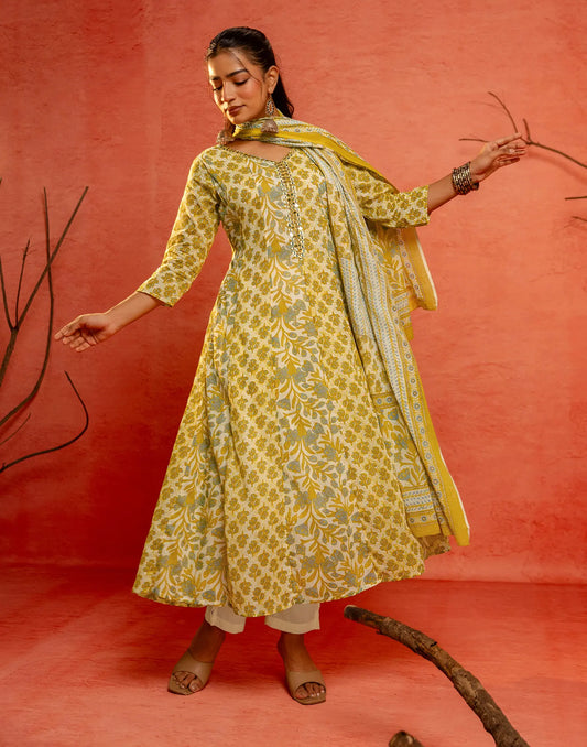 Pure Cotton Printed Anarkali 3 Piece Kurta Set With Dupatta