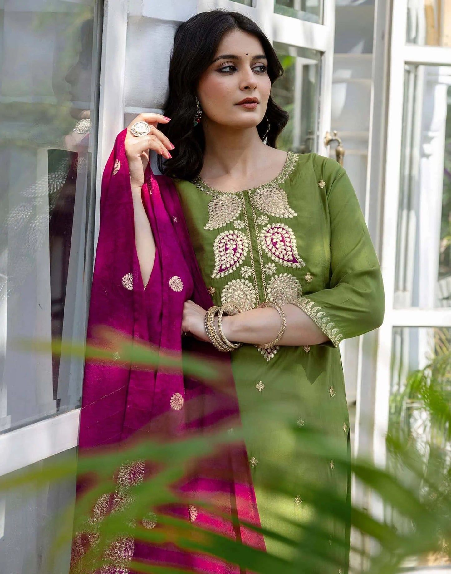 Budget friendly olive green silk embroidered kurta set