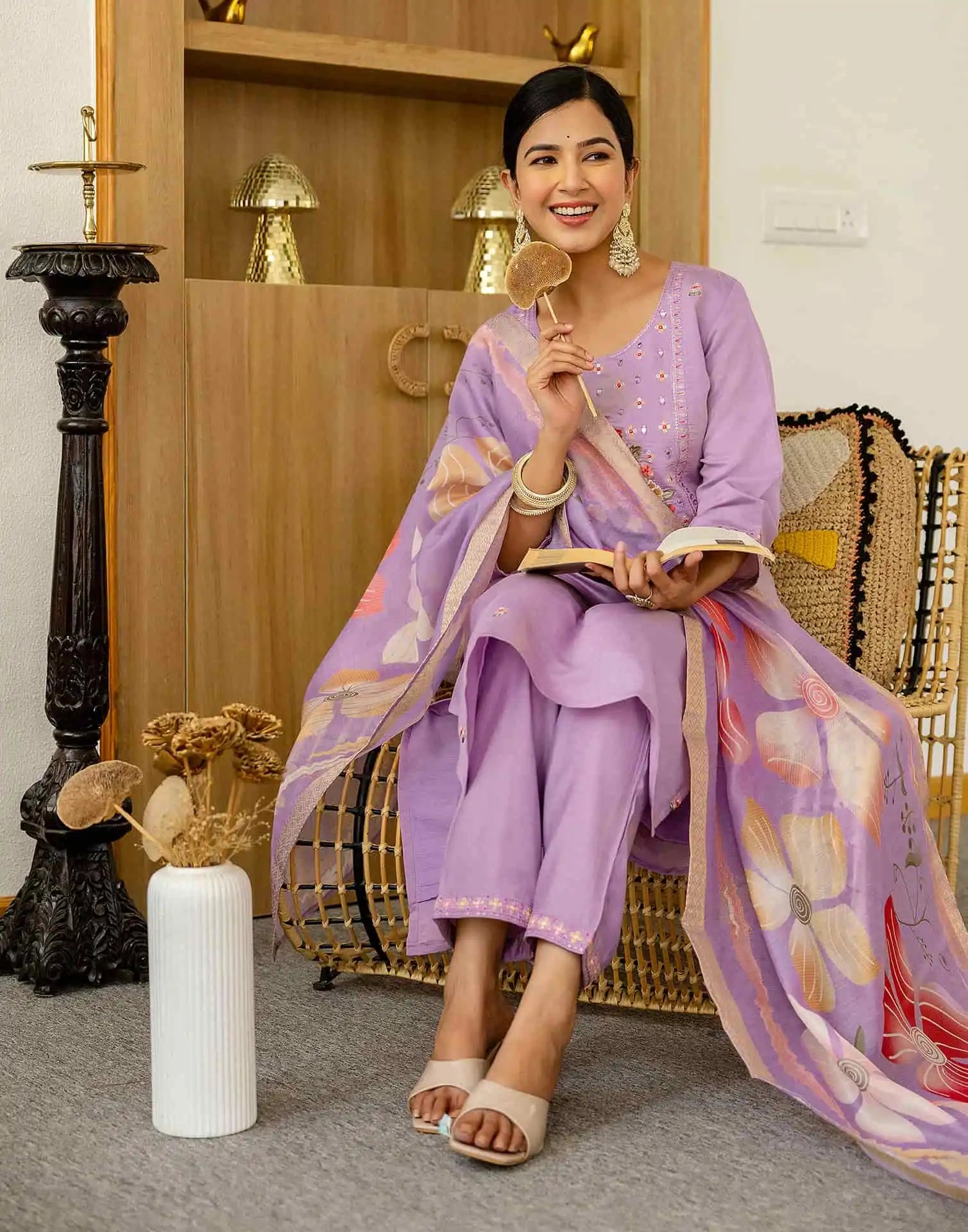 skylee Affordable Purple Silk Embroidered Round-Neck Straight Kurti with Pant & Dupatta under 999