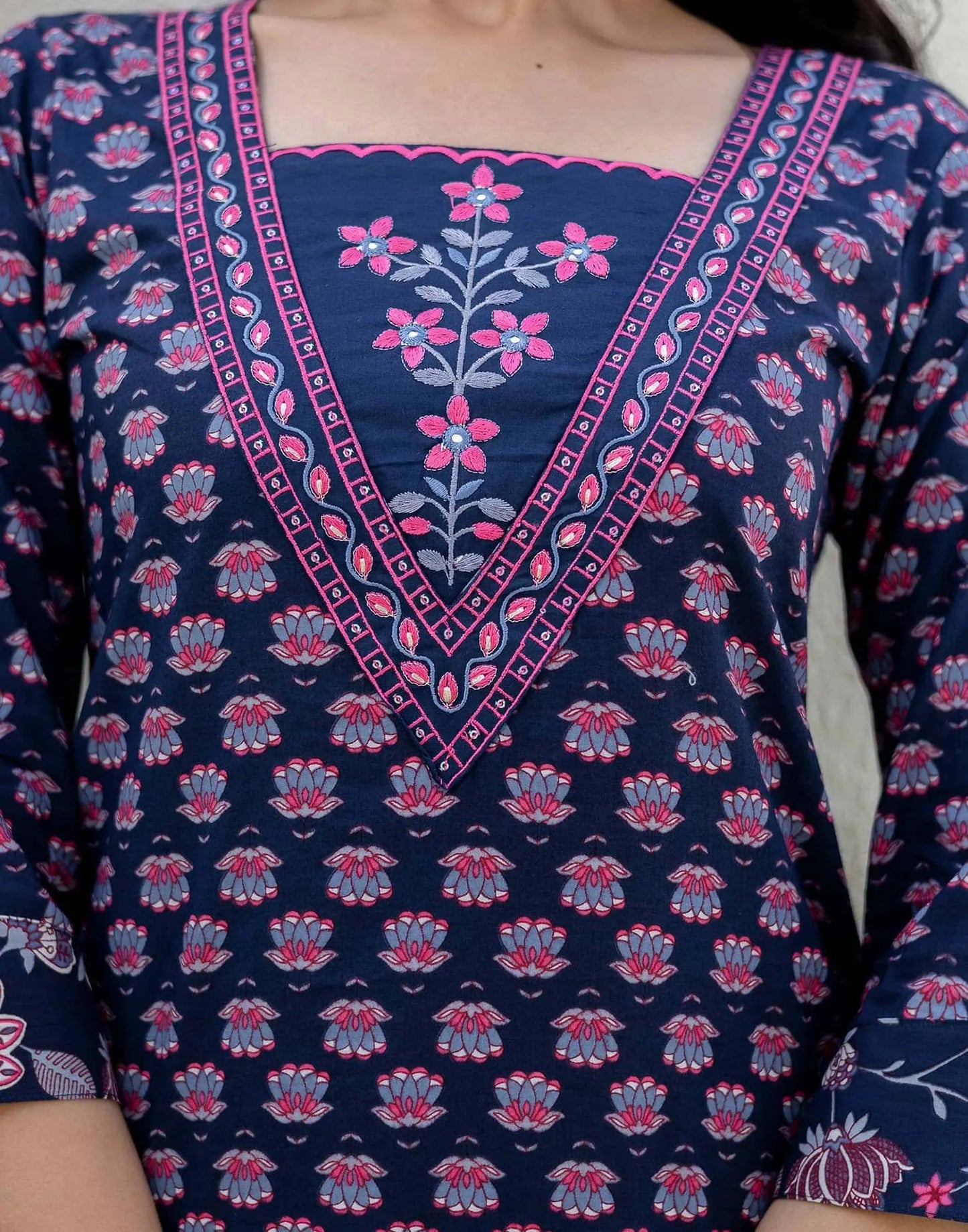 Cotton Embroidery and Sequins Work, Printed, Fabric Lace Straight Kurta with Pant & Dupatta