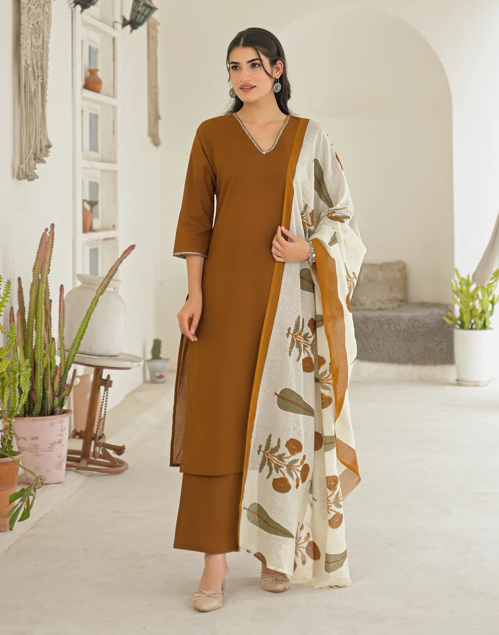 Chocolate Brown V-Neck Solid Neck And Sleeve Embroidery Straight 3 Piece Kurta Set with Dupatta