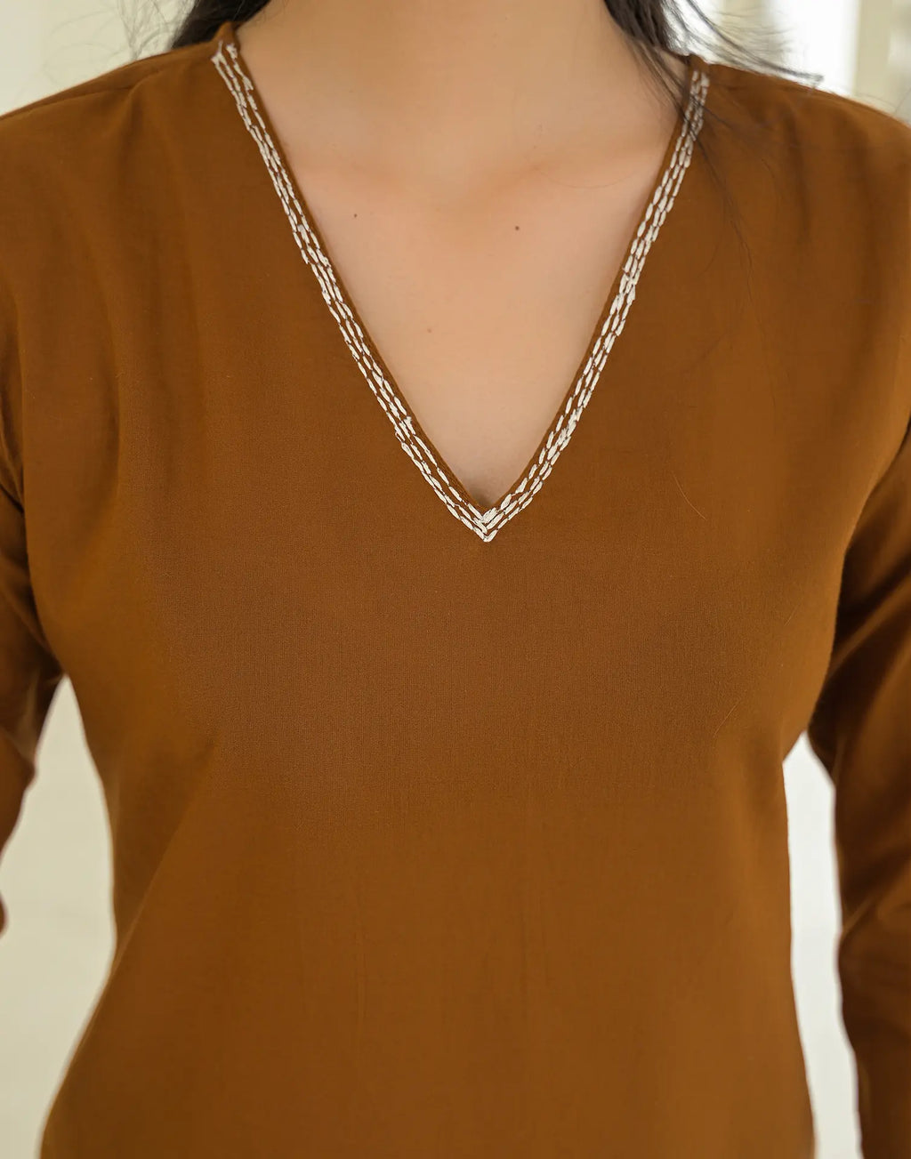 Chocolate Brown V-Neck Solid Neck And Sleeve Embroidery Straight 3 Piece Kurta Set with Dupatta