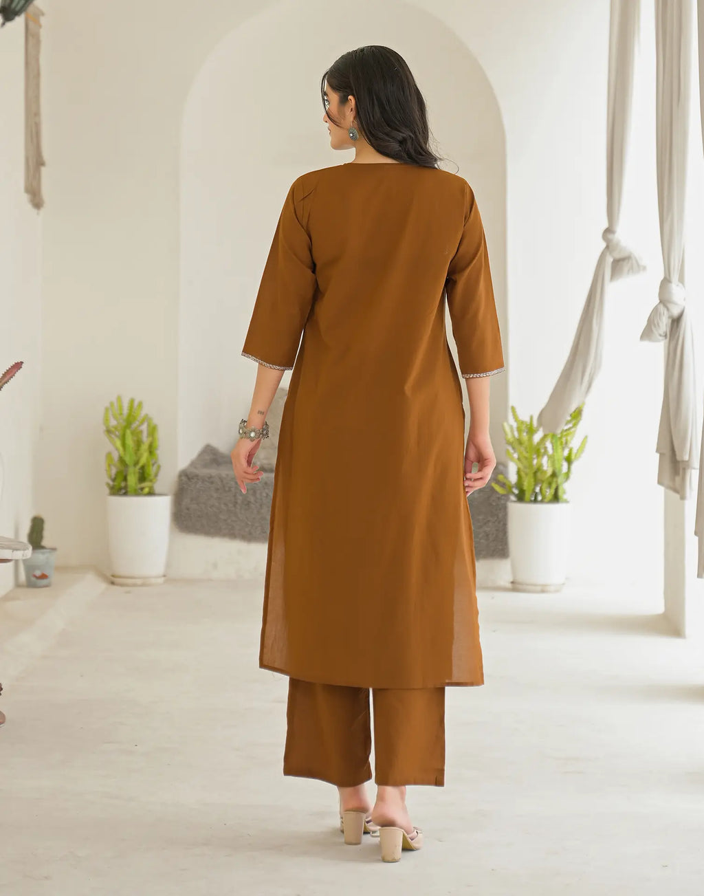 Chocolate Brown V-Neck Solid Neck And Sleeve Embroidery Straight 3 Piece Kurta Set with Dupatta