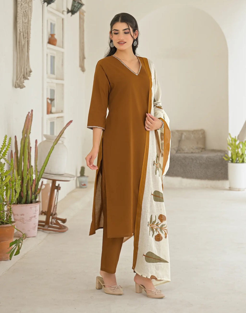 Chocolate Brown V-Neck Solid Neck And Sleeve Embroidery Straight 3 Piece Kurta Set with Dupatta