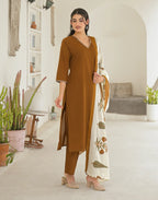 Chocolate Brown V-Neck Solid Neck And Sleeve Embroidery Straight 3 Piece Kurta Set with Dupatta