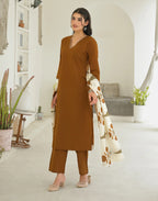 Chocolate Brown V-Neck Solid Neck And Sleeve Embroidery Straight 3 Piece Kurta Set with Dupatta
