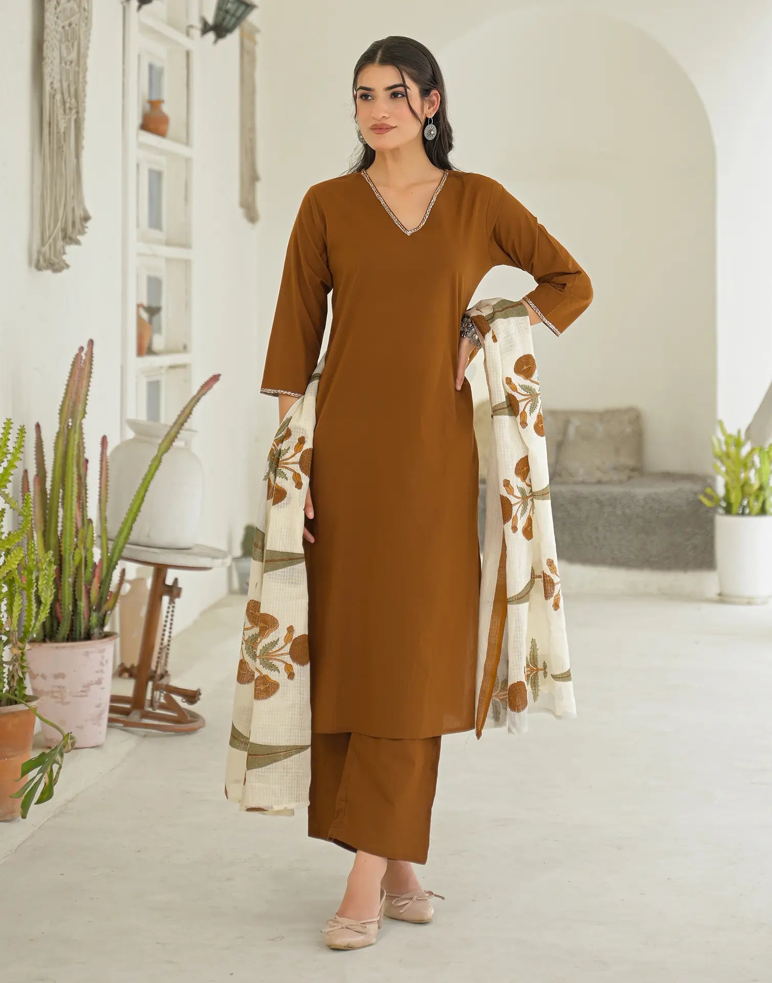 Chocolate Brown V-Neck Solid Neck And Sleeve Embroidery Straight 3 Piece Kurta Set with Dupatta