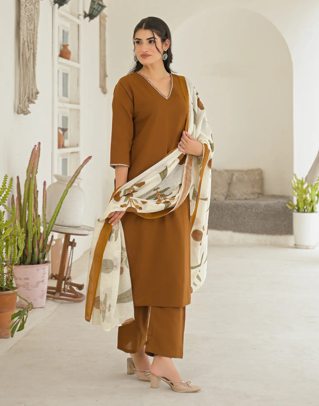 Chocolate Brown V-Neck Solid Neck And Sleeve Embroidery Straight 3 Piece Kurta Set with Dupatta