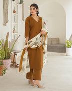 Chocolate Brown V-Neck Solid Neck And Sleeve Embroidery Straight 3 Piece Kurta Set with Dupatta