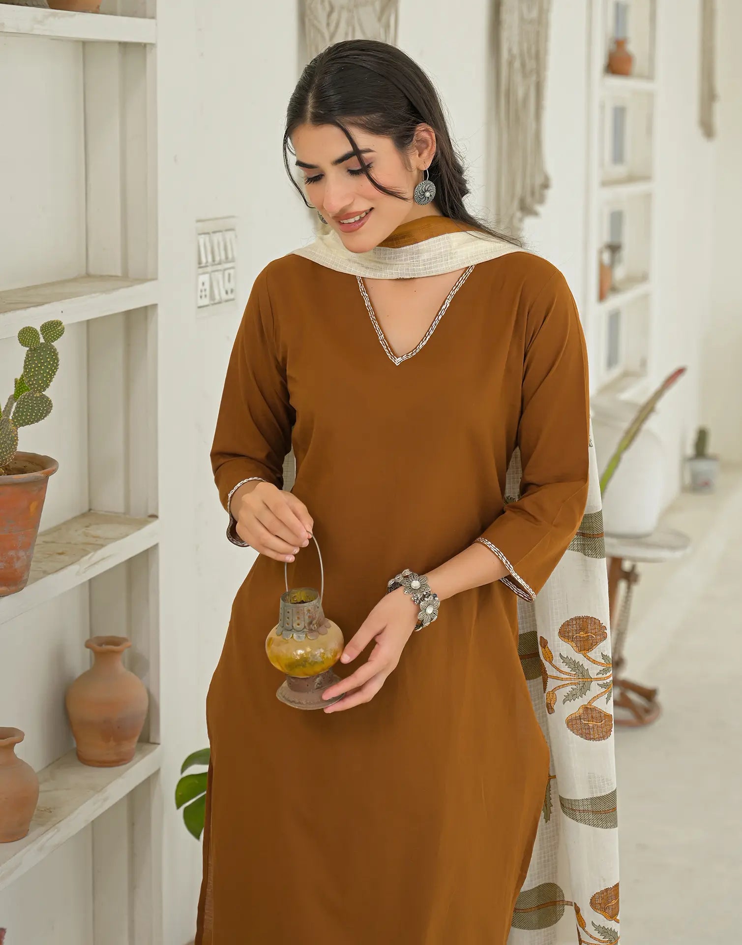 Chocolate Brown V-Neck Solid Neck And Sleeve Embroidery Straight 3 Piece Kurta Set with Dupatta