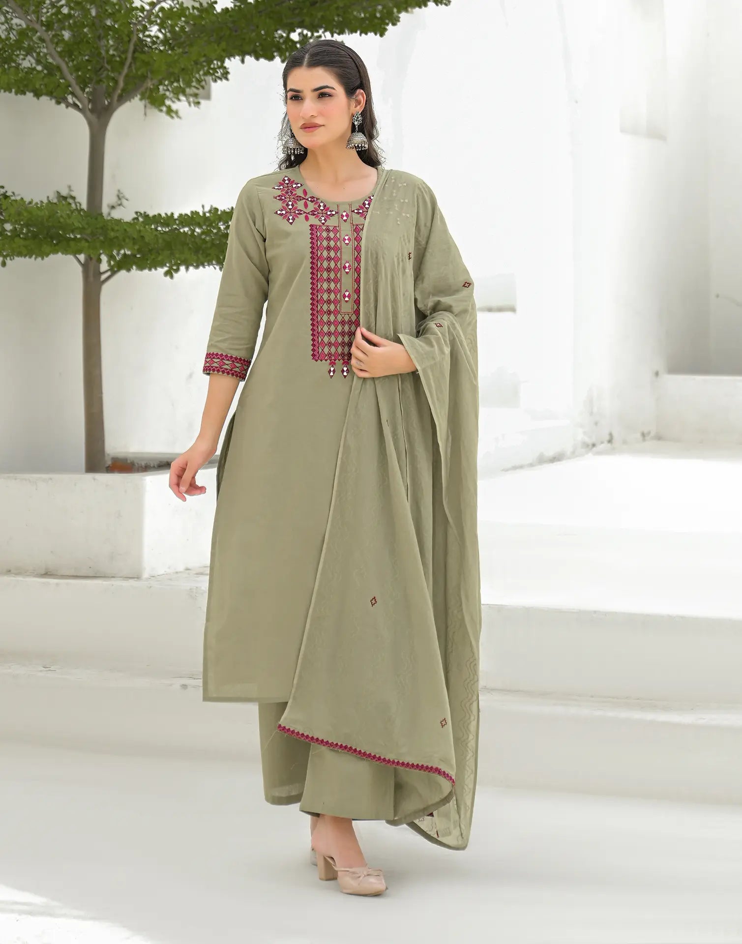 Ecru Beige Round Neck Embroidered Mirror Work Straight 3 Piece Kurta Set with Dupatta