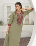 Ecru Beige Round Neck Embroidered Mirror Work Straight 3 Piece Kurta Set with Dupatta
