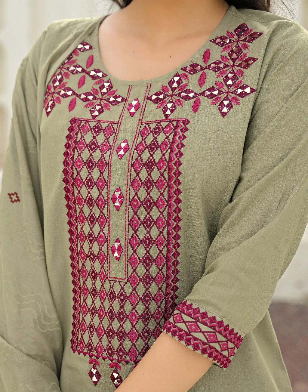 Ecru Beige Round Neck Embroidered Mirror Work Straight 3 Piece Kurta Set with Dupatta