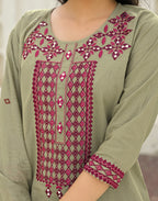 Ecru Beige Round Neck Embroidered Mirror Work Straight 3 Piece Kurta Set with Dupatta