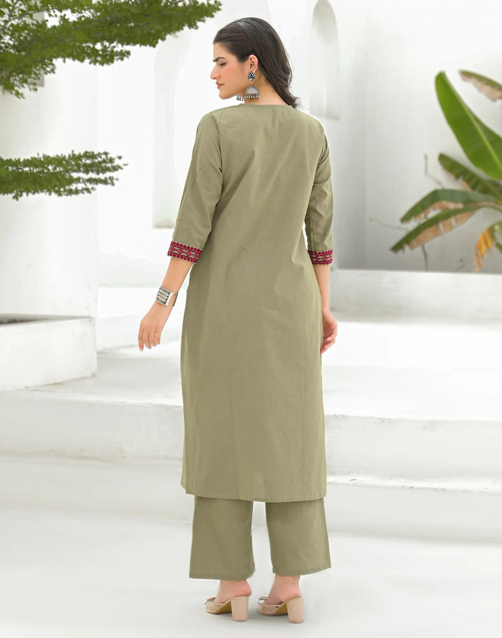 Ecru Beige Round Neck Embroidered Mirror Work Straight 3 Piece Kurta Set with Dupatta