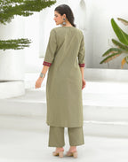 Ecru Beige Round Neck Embroidered Mirror Work Straight 3 Piece Kurta Set with Dupatta