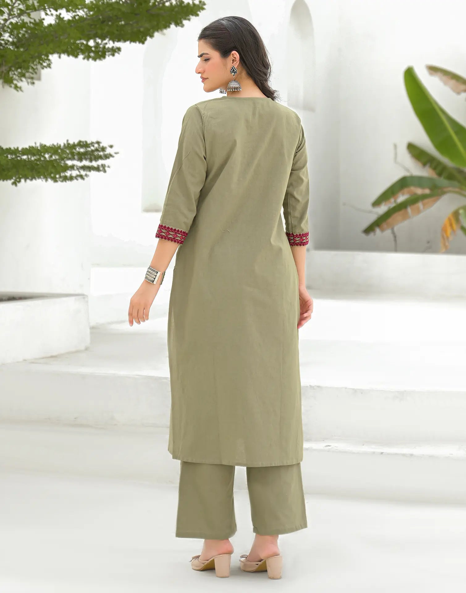 Ecru Beige Round Neck Embroidered Mirror Work Straight 3 Piece Kurta Set with Dupatta