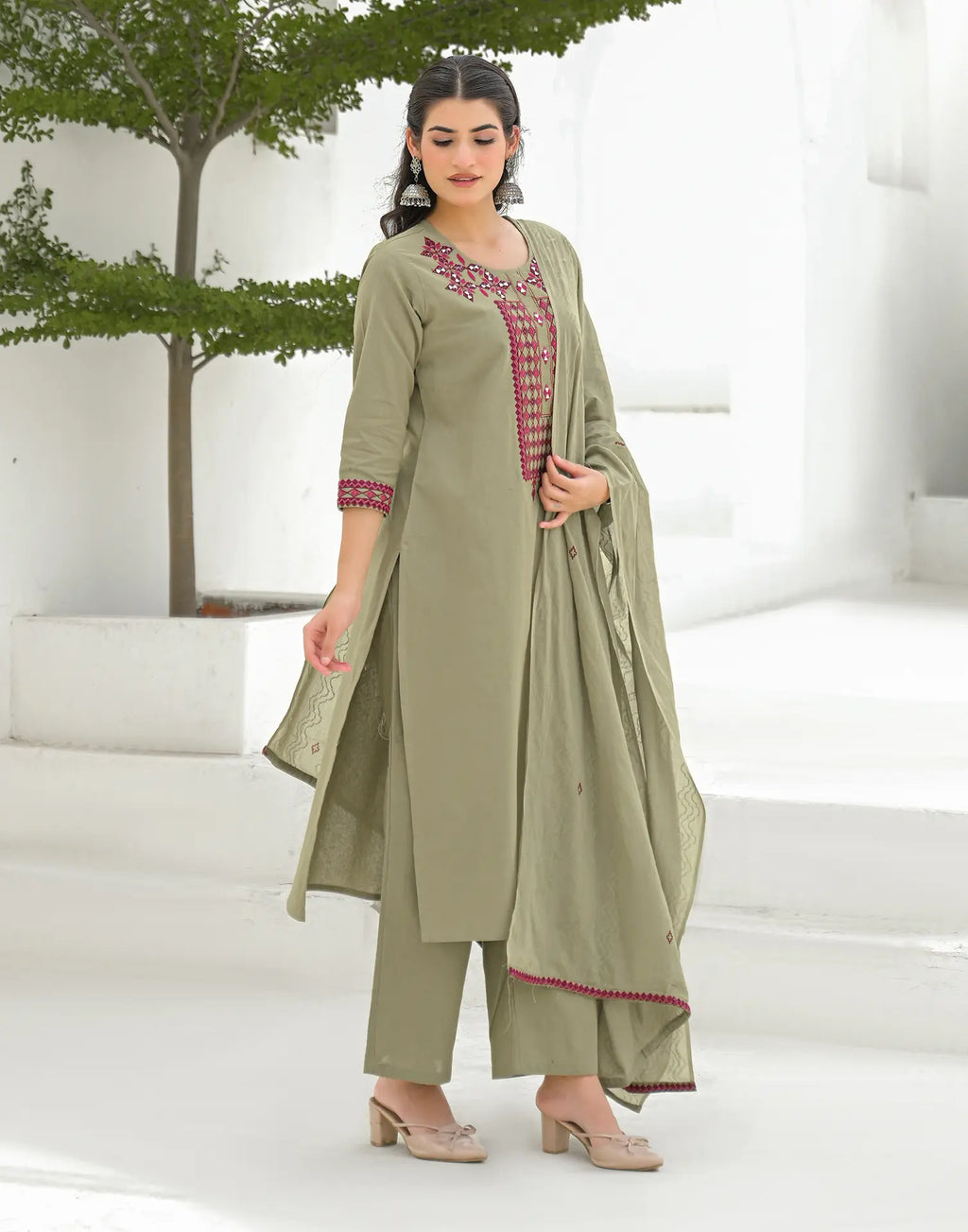 Ecru Beige Round Neck Embroidered Mirror Work Straight 3 Piece Kurta Set with Dupatta