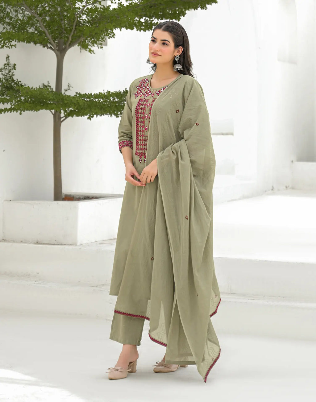Ecru Beige Round Neck Embroidered Mirror Work Straight 3 Piece Kurta Set with Dupatta