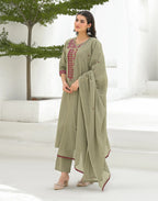 Ecru Beige Round Neck Embroidered Mirror Work Straight 3 Piece Kurta Set with Dupatta