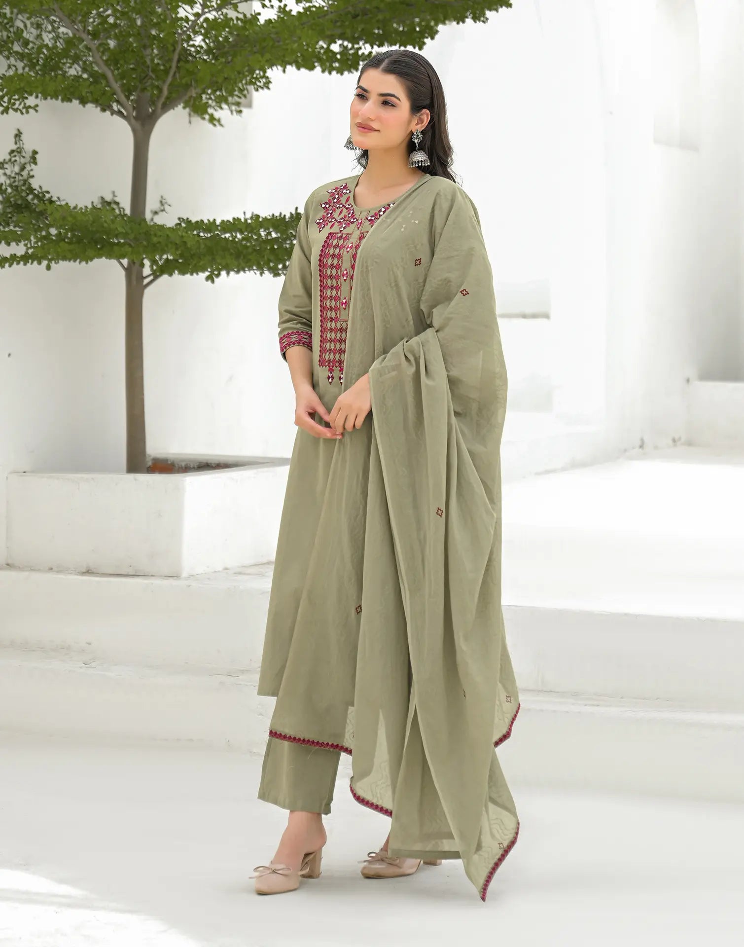 Ecru Beige Round Neck Embroidered Mirror Work Straight 3 Piece Kurta Set with Dupatta