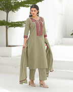 Ecru Beige Round Neck Embroidered Mirror Work Straight 3 Piece Kurta Set with Dupatta