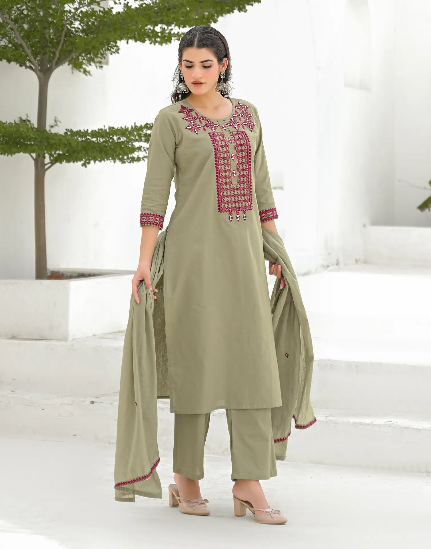 Ecru Beige Round Neck Embroidered Mirror Work Straight 3 Piece Kurta Set with Dupatta