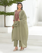Ecru Beige Round Neck Embroidered Mirror Work Straight 3 Piece Kurta Set with Dupatta