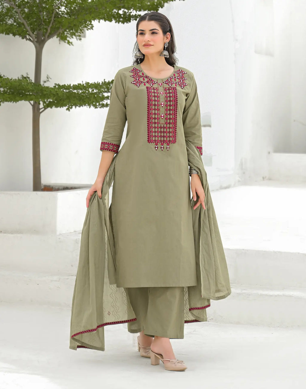 Ecru Beige Round Neck Embroidered Mirror Work Straight 3 Piece Kurta Set with Dupatta