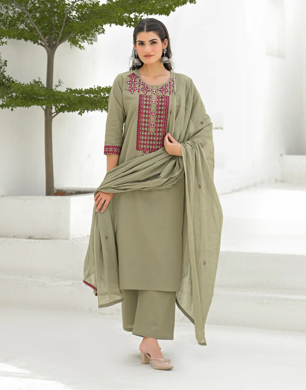 Ecru Beige Round Neck Embroidered Mirror Work Straight 3 Piece Kurta Set with Dupatta