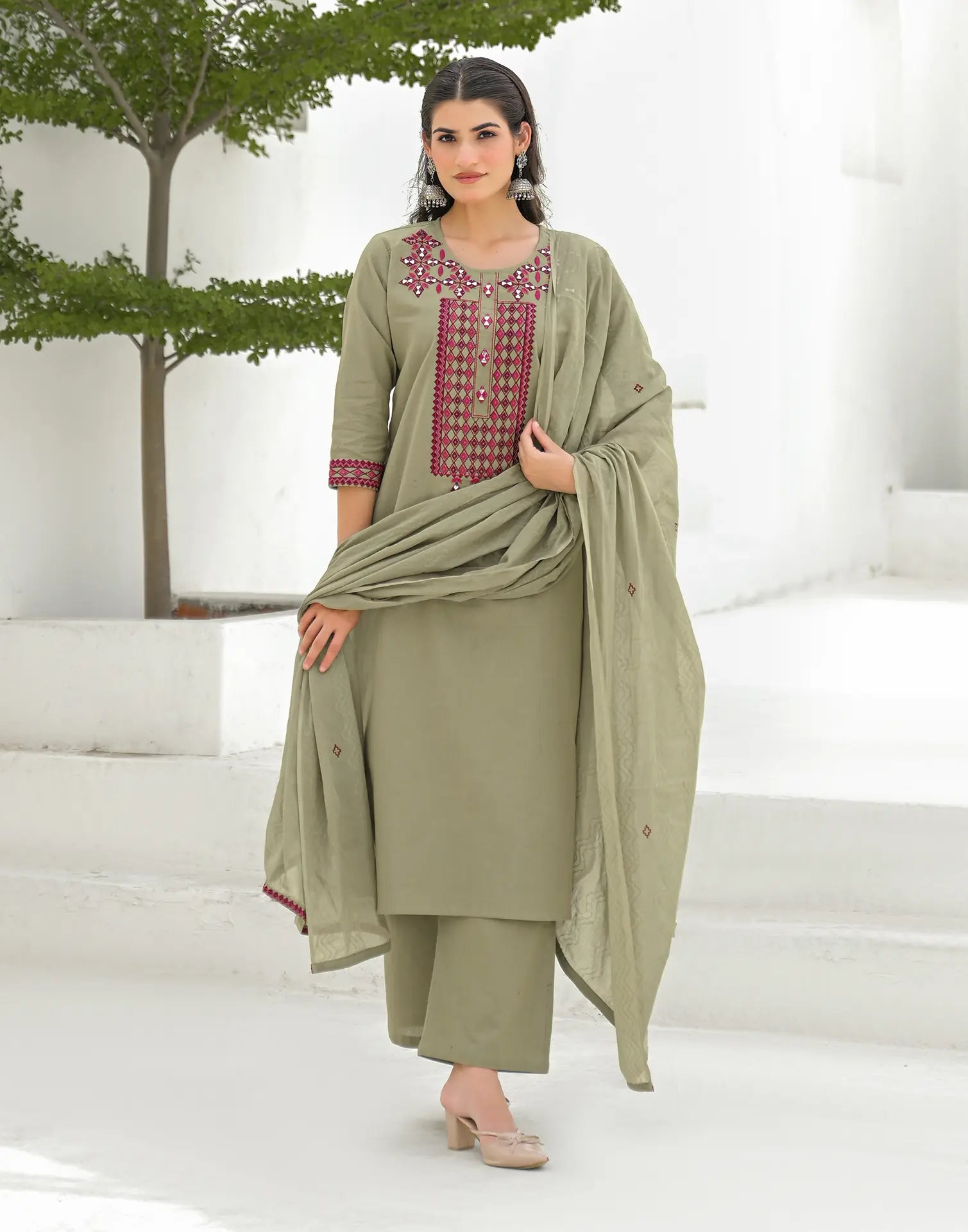 Ecru Beige Round Neck Embroidered Mirror Work Straight 3 Piece Kurta Set with Dupatta