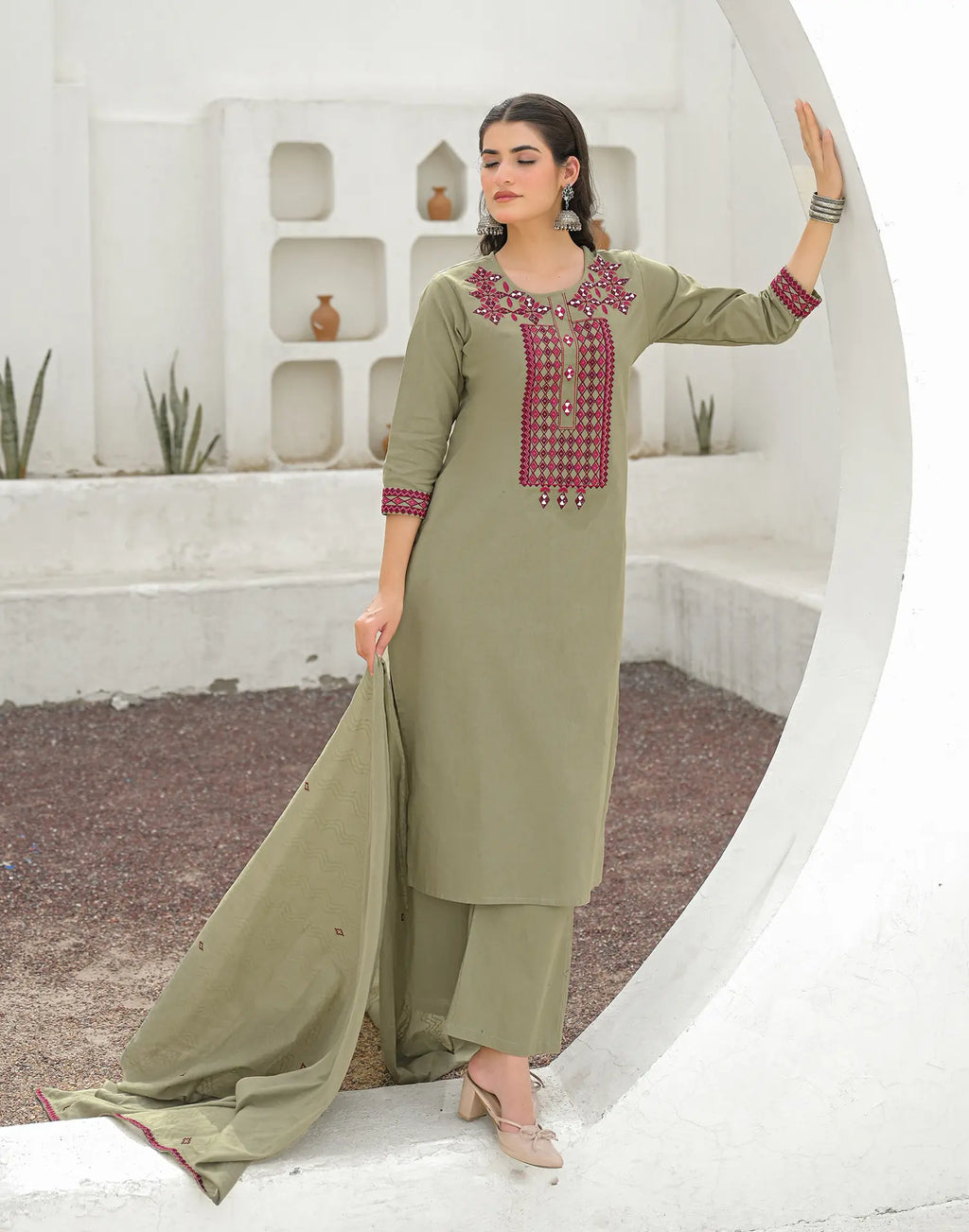 Ecru Beige Round Neck Embroidered Mirror Work Straight 3 Piece Kurta Set with Dupatta